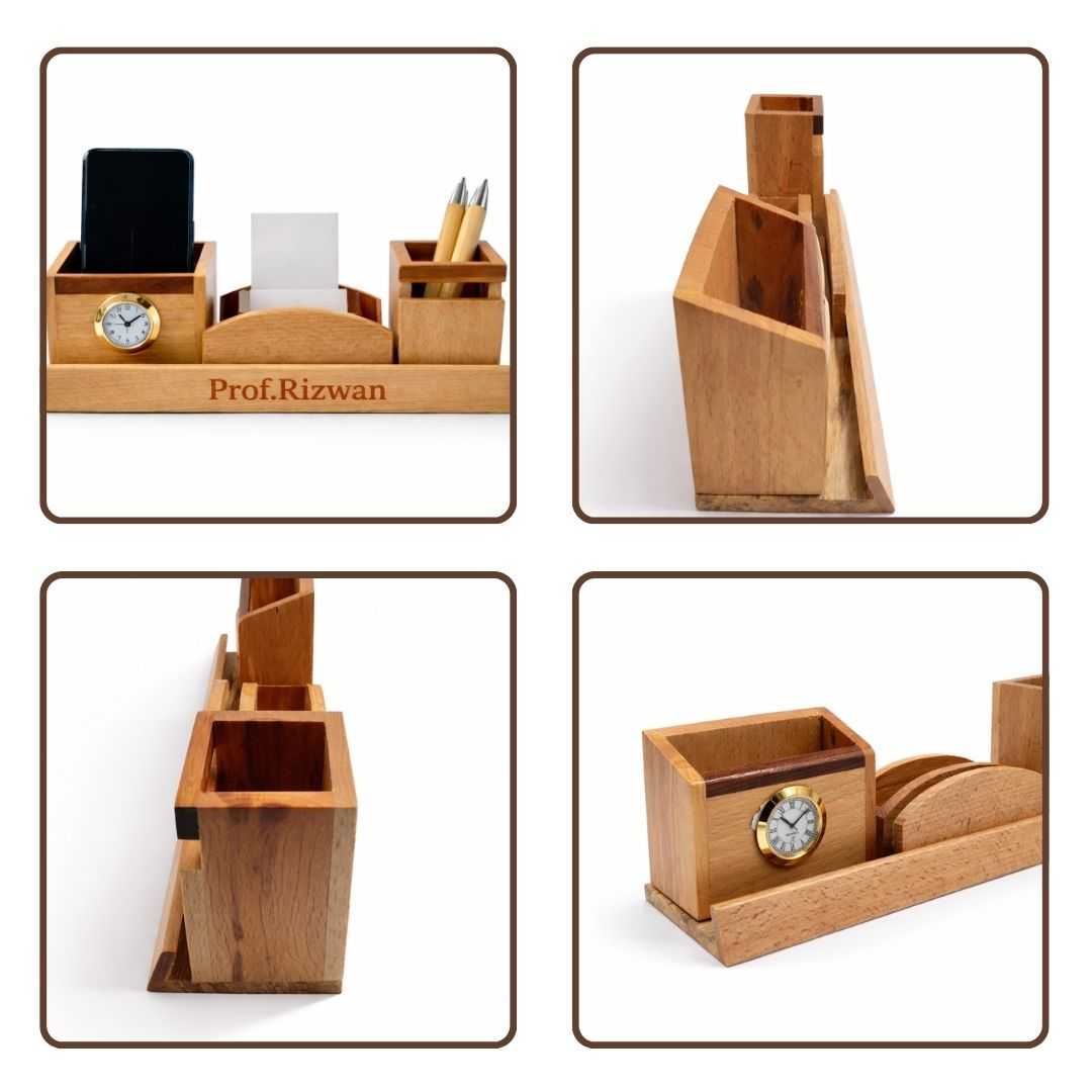 Personalized 3-Compartment Wooden Pen Stand
