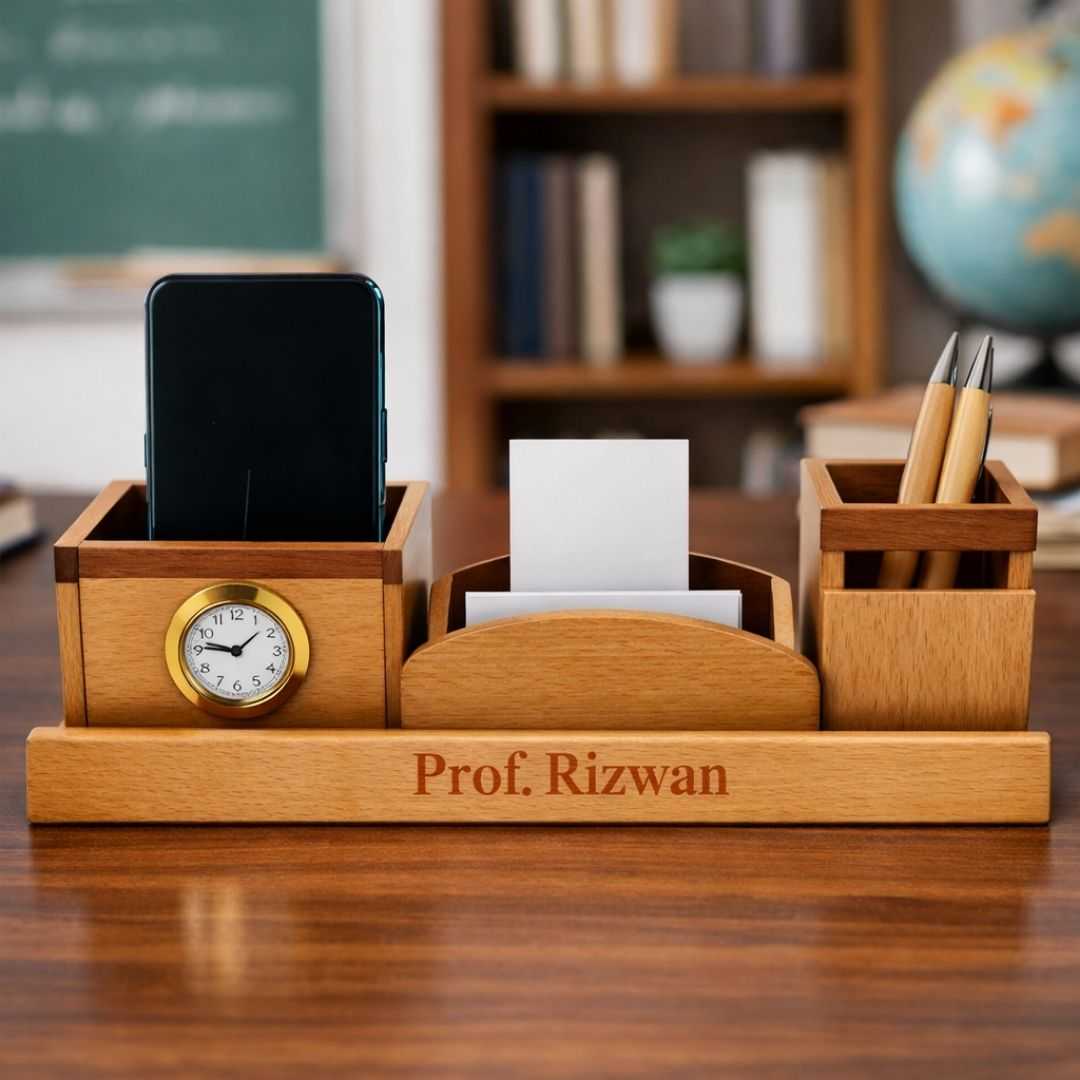Personalized 3-Compartment Wooden Pen Stand