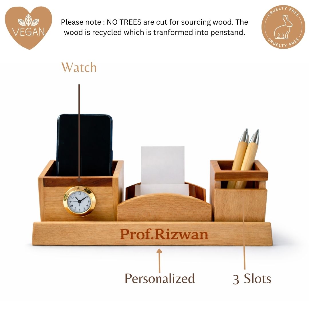 Personalized 3-Compartment Wooden Pen Stand