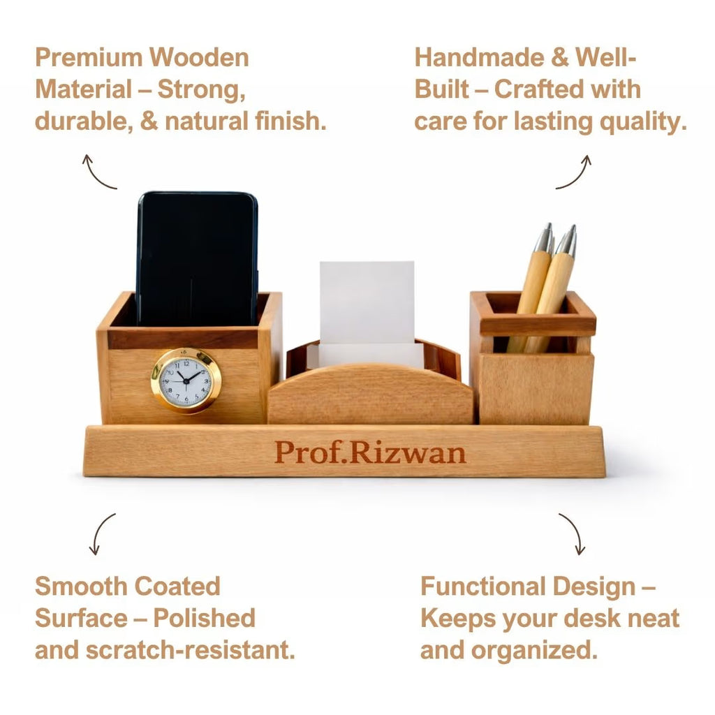 Personalized 3-Compartment Wooden Pen Stand