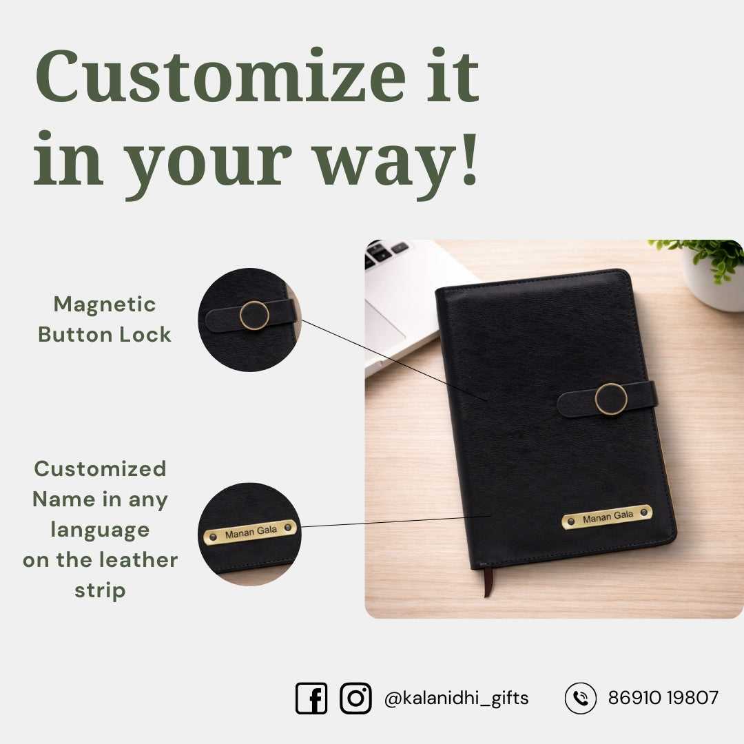 Personalized Refillable Diary with Magnetic Button Lock Black