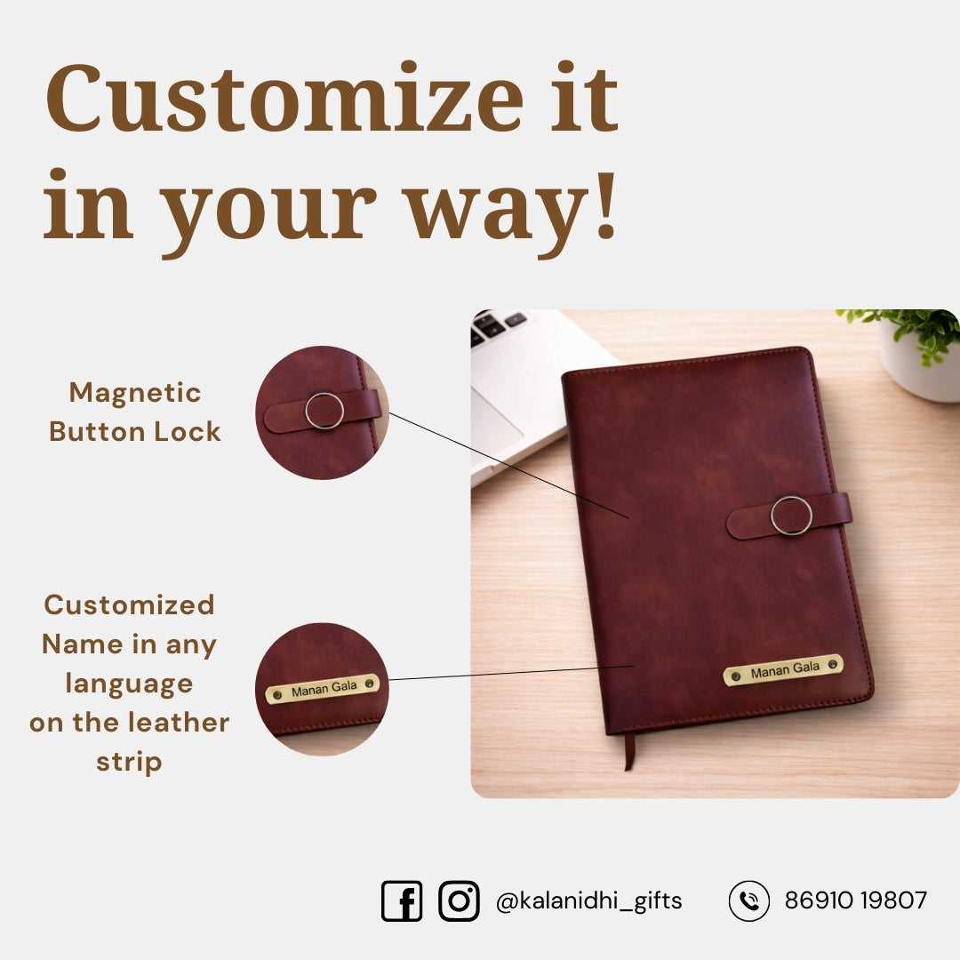 Personalized Refillable Diary with Magnetic Button Lock Brown