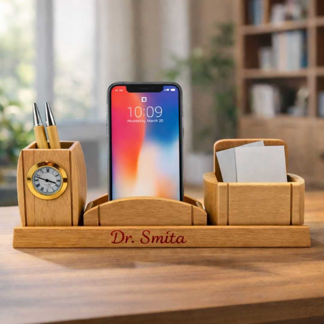 Personalized Wooden Clock & Mobile Pen Stand