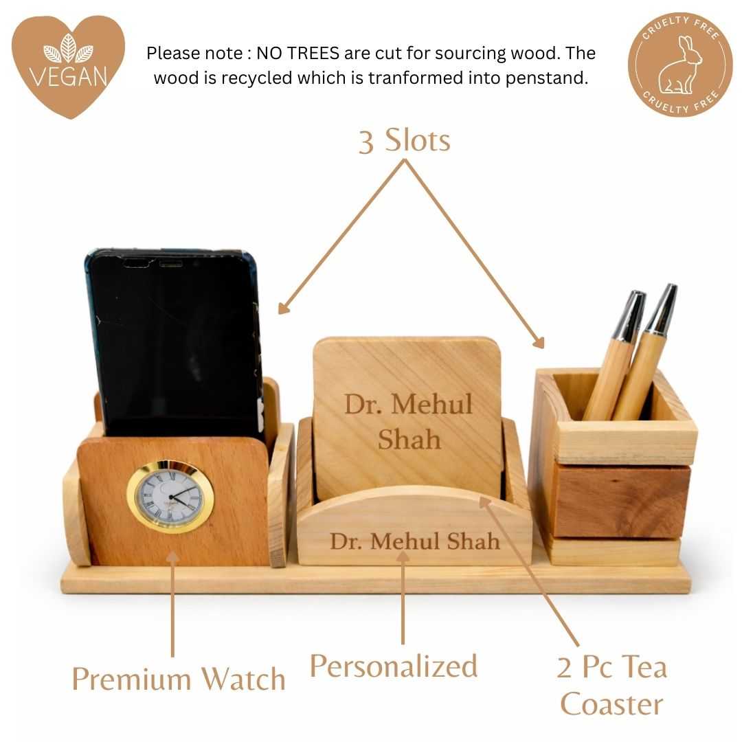 Personalized 3-Compartment Wooden Desk Set with 2 Coasters