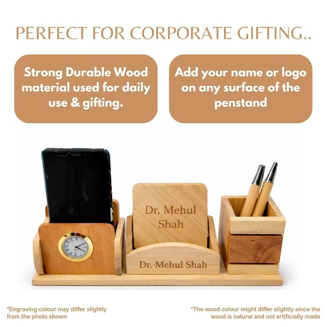 Personalized 3-Compartment Wooden Desk Set with 2 Coasters