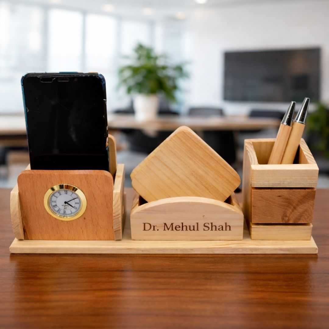Personalized 3-Compartment Wooden Desk Set with 2 Coasters