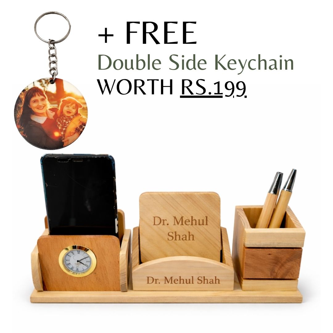 Personalized 3-Compartment Wooden Desk Set with 2 Coasters