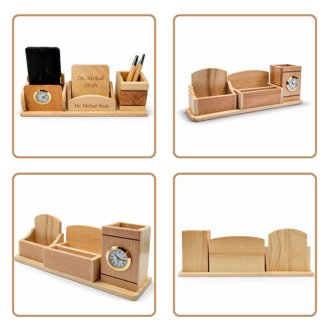 Personalized 3-Compartment Wooden Desk Set with 2 Coasters