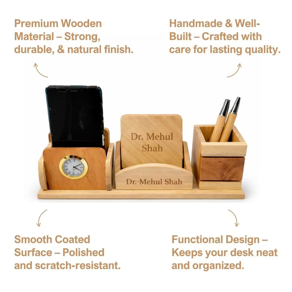 Personalized 3-Compartment Wooden Desk Set with 2 Coasters