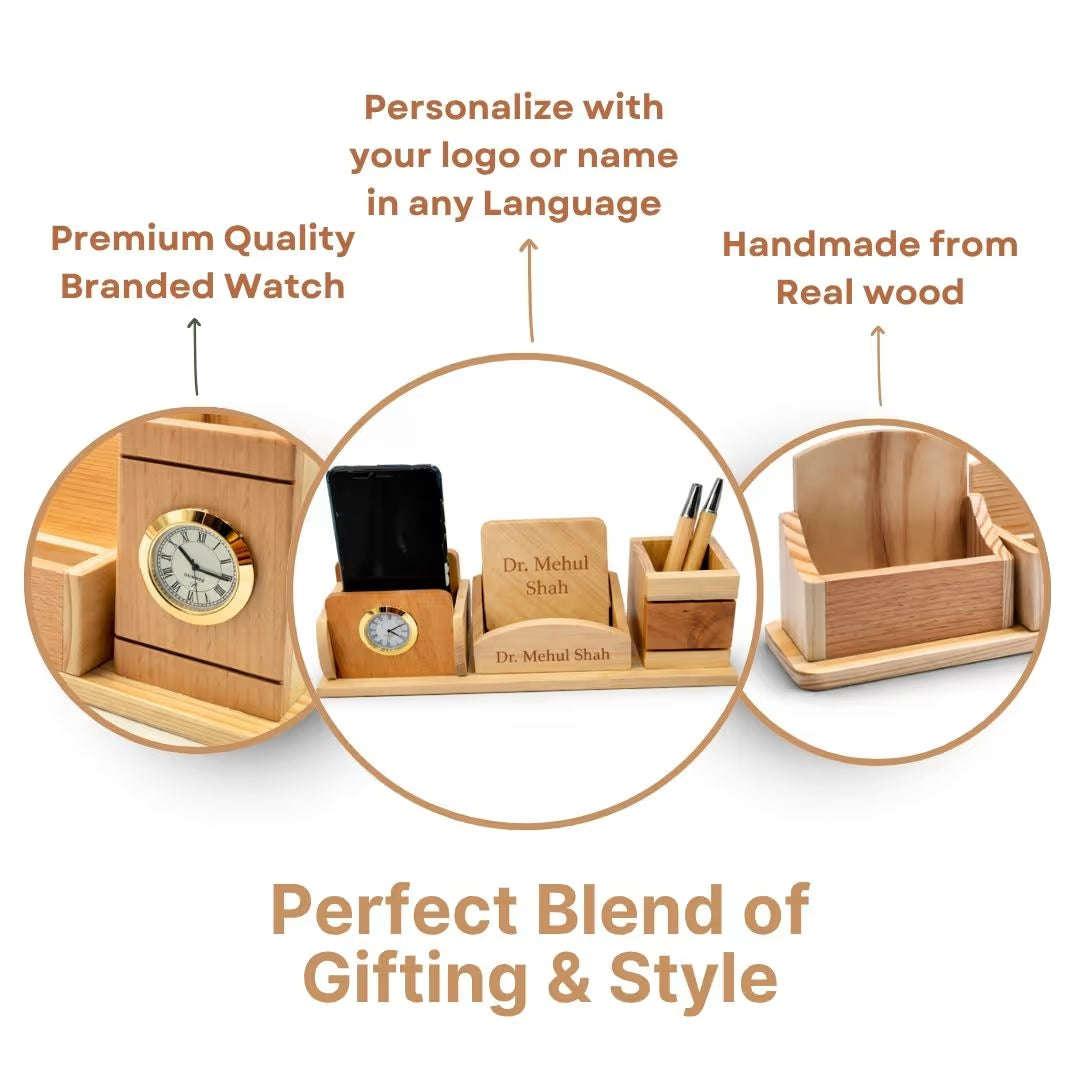 Personalized 3-Compartment Wooden Desk Set with 2 Coasters