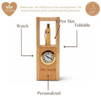 Personalized Foldable Wood Pen Stand with Clock & Pen