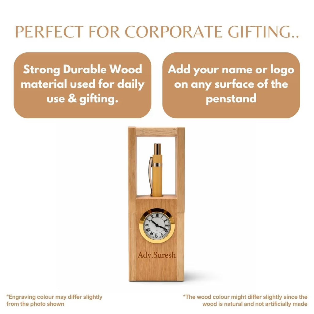 Personalized Foldable Wood Pen Stand with Clock & Pen