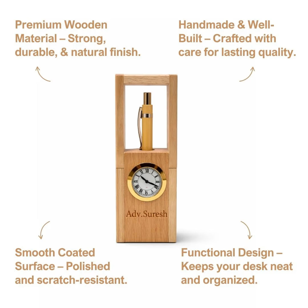 Personalized Foldable Wood Pen Stand with Clock & Pen