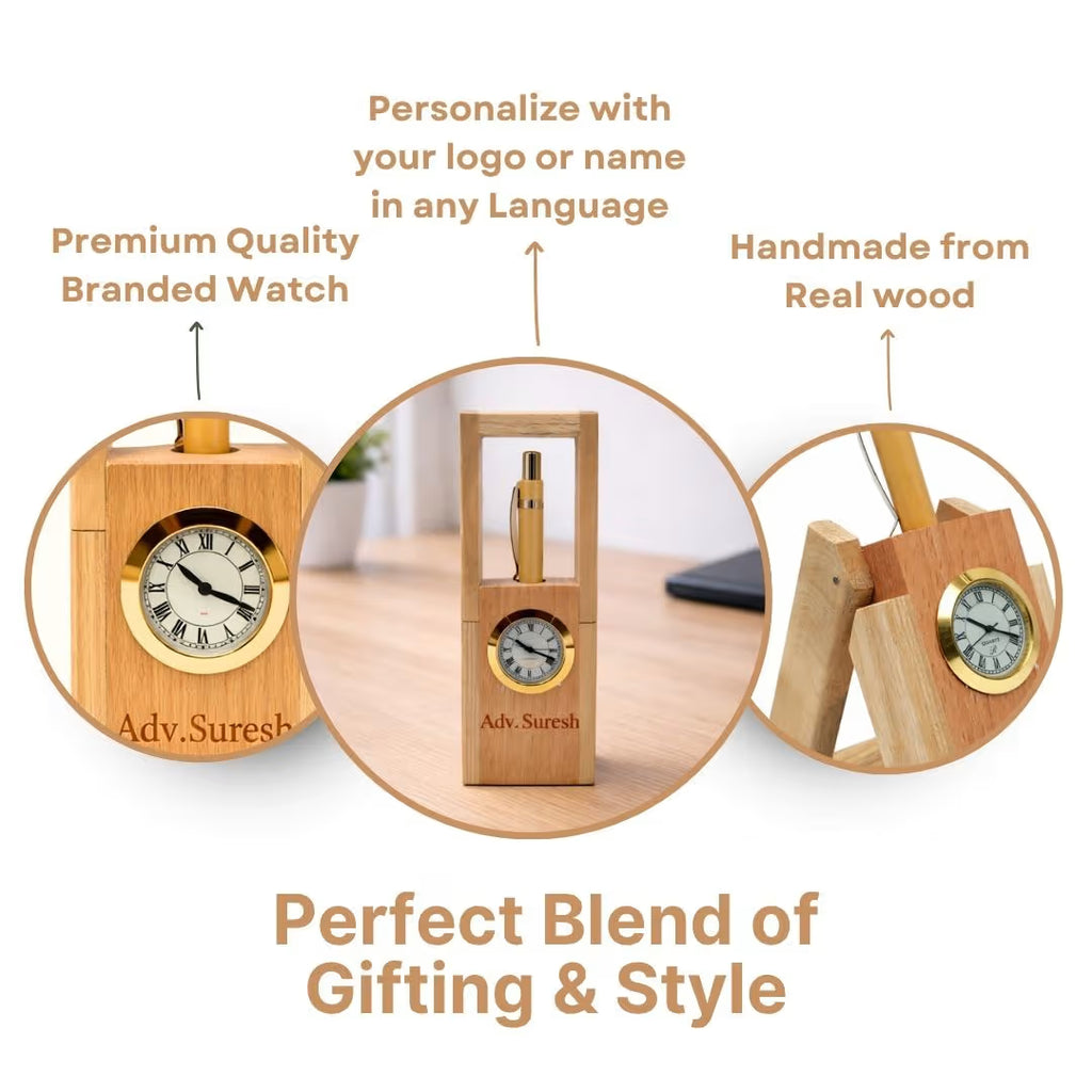 Personalized Foldable Wood Pen Stand with Clock & Pen