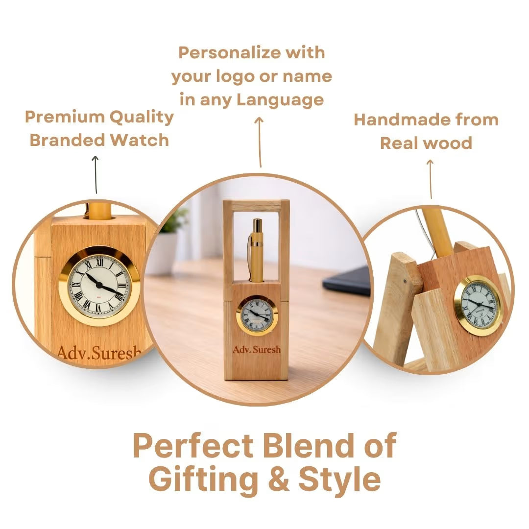 Personalized Foldable Wood Pen Stand with Clock & Pen