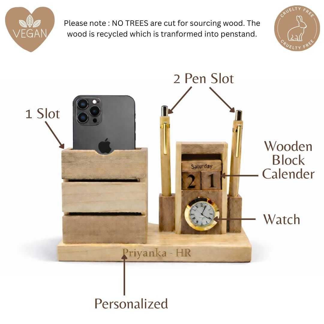 Personalized Wooden Pen Stand with 2 Pen Holders & Calendar Clock
