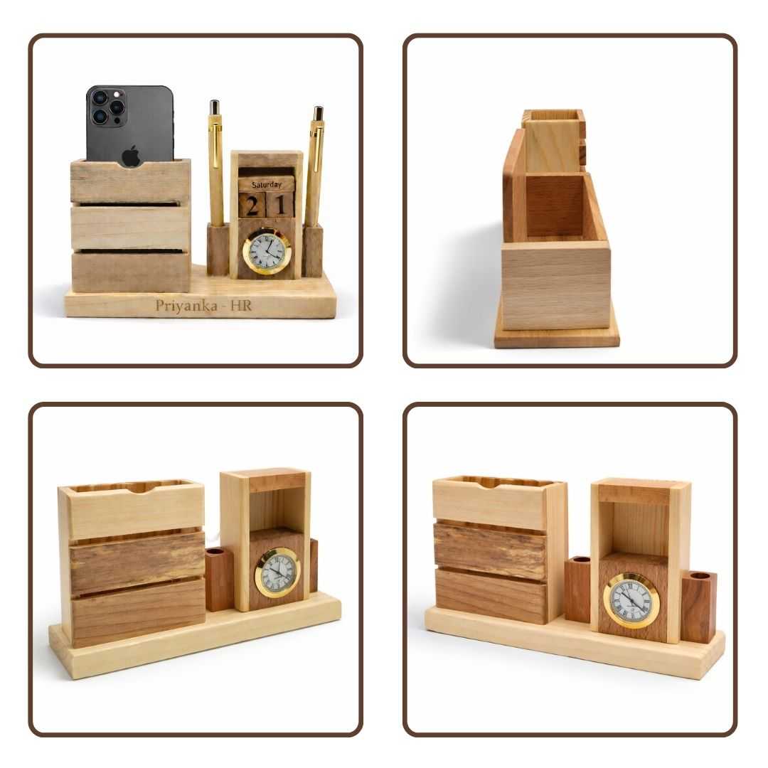 Personalized Wooden Pen Stand with 2 Pen Holders & Calendar Clock