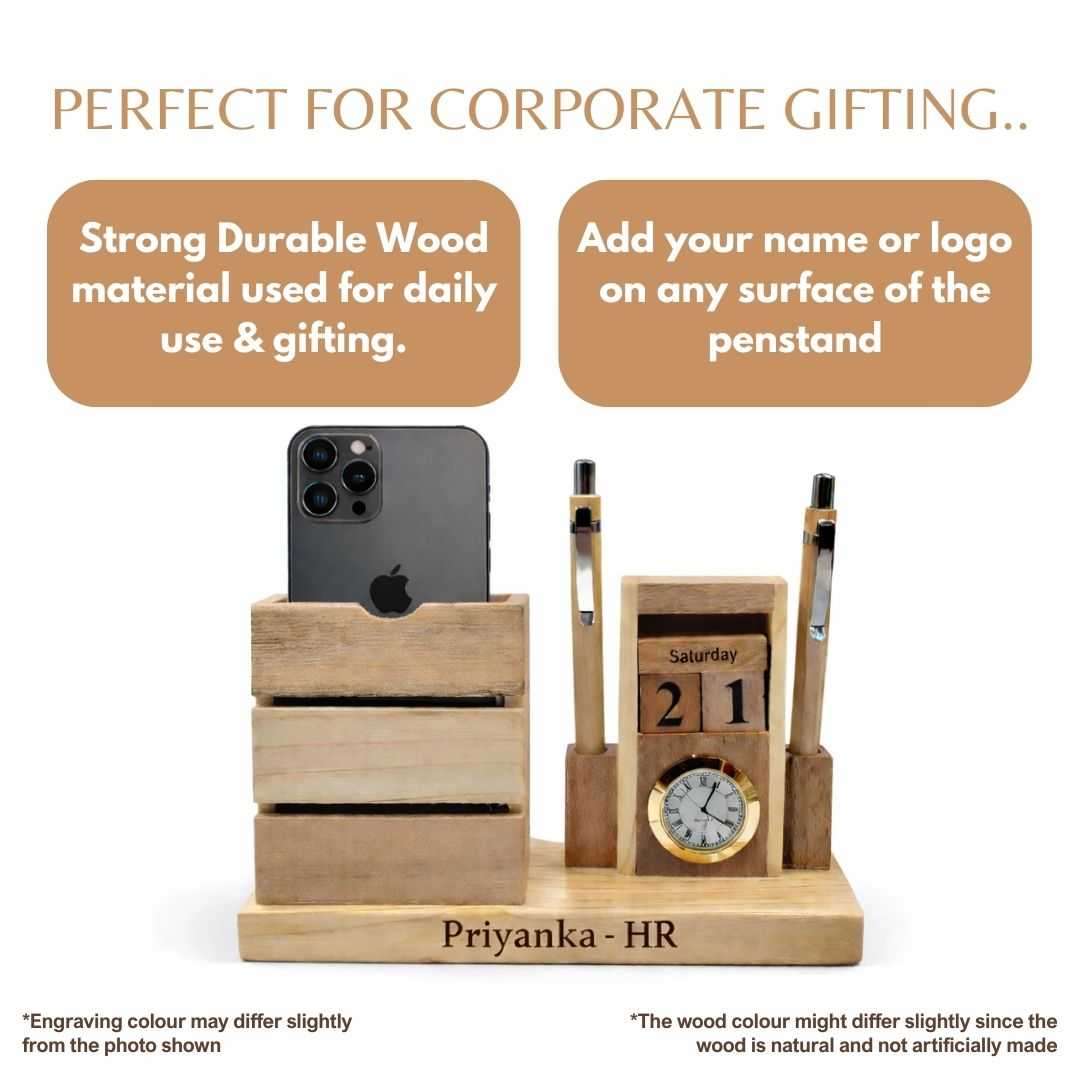 Personalized Wooden Pen Stand with 2 Pen Holders & Calendar Clock