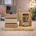 Personalized Wooden Pen Stand with 2 Pen Holders & Calendar Clock