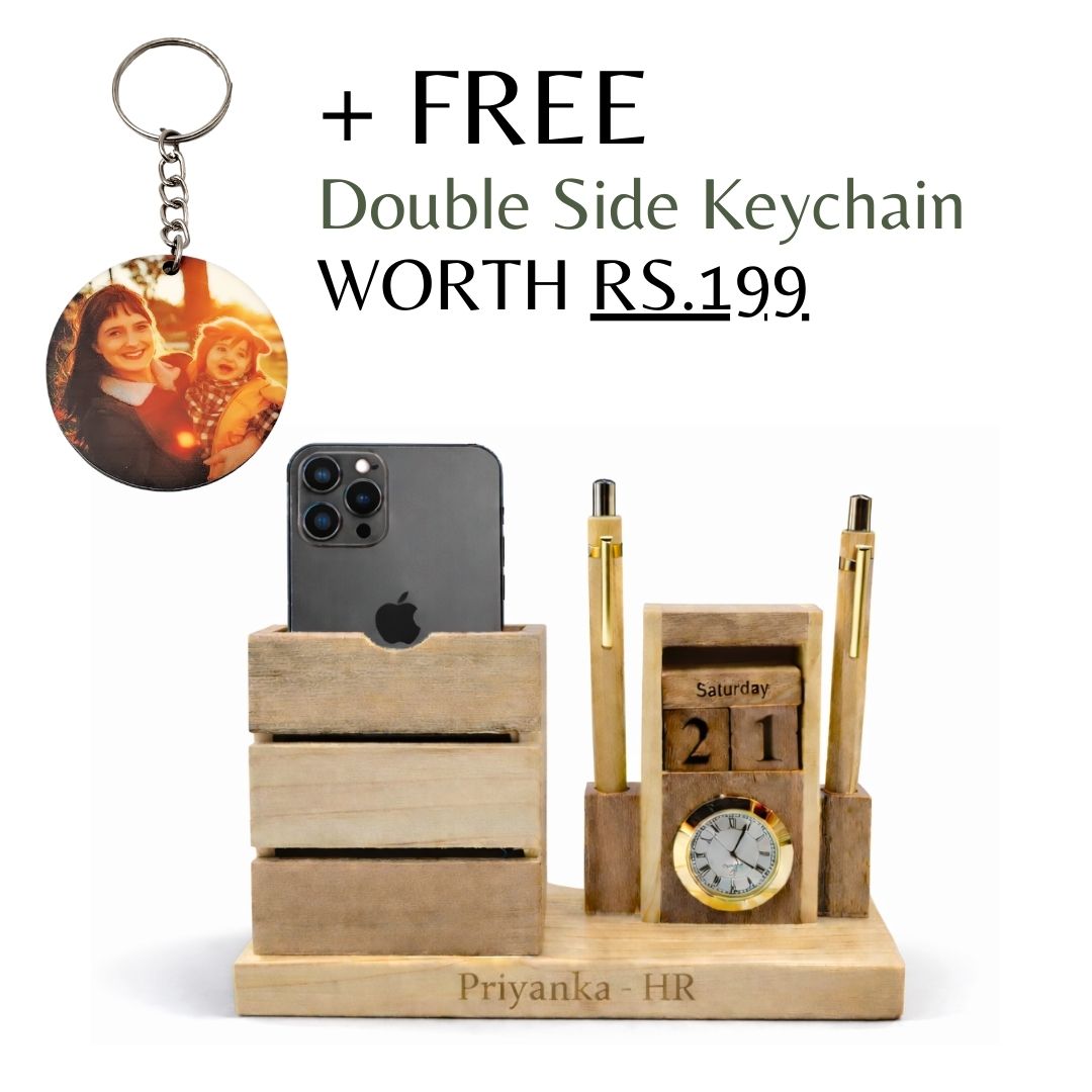 Personalized Wooden Pen Stand with 2 Pen Holders & Calendar Clock