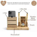 Personalized Wooden Pen Stand with 2 Pen Holders & Calendar Clock