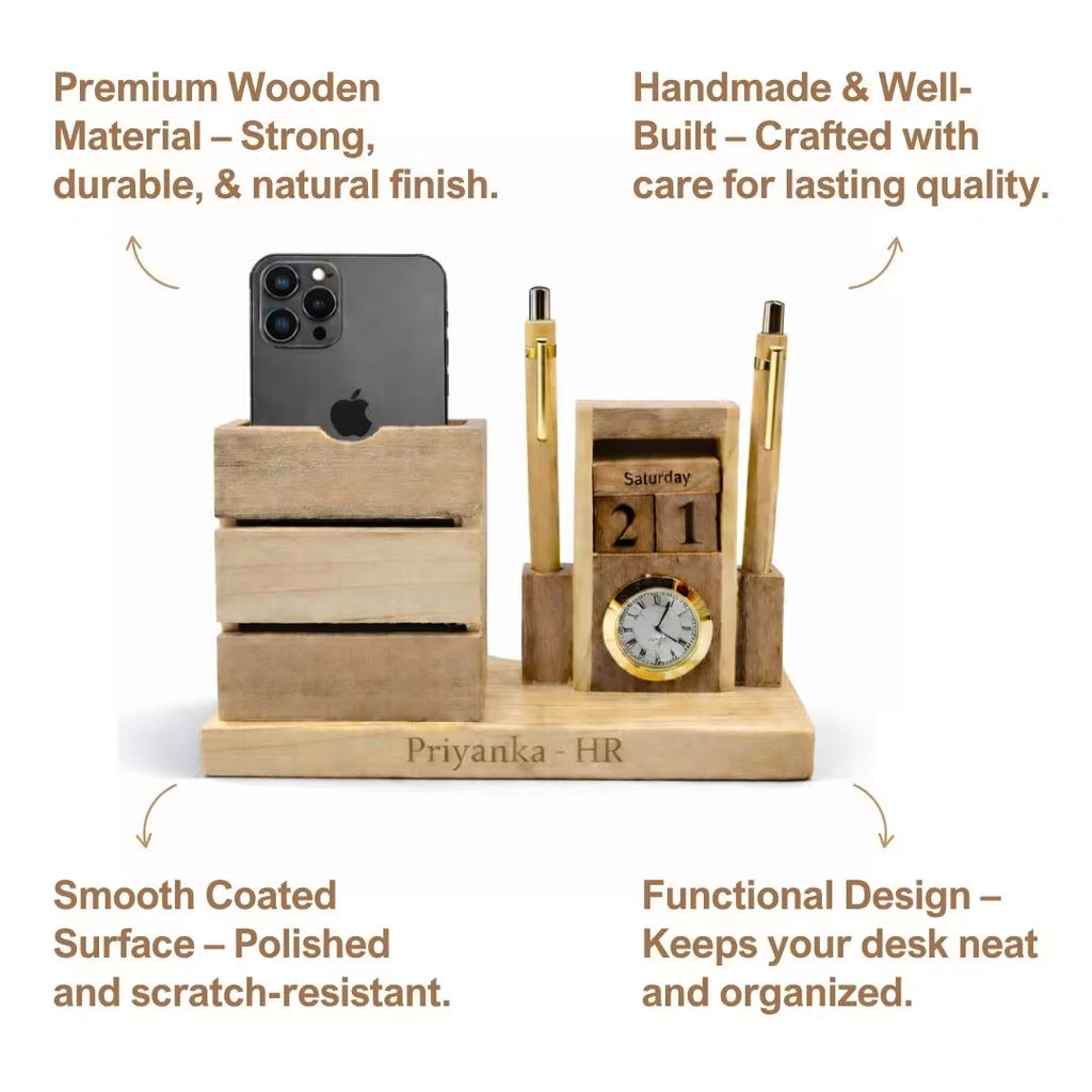 Personalized Wooden Pen Stand with 2 Pen Holders & Calendar Clock
