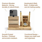 Personalized Wooden Pen Stand with 2 Pen Holders & Calendar Clock