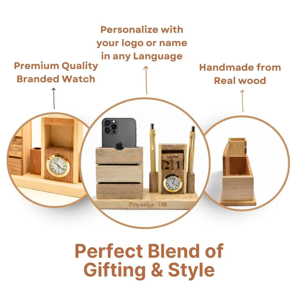 Personalized Wooden Pen Stand with 2 Pen Holders & Calendar Clock
