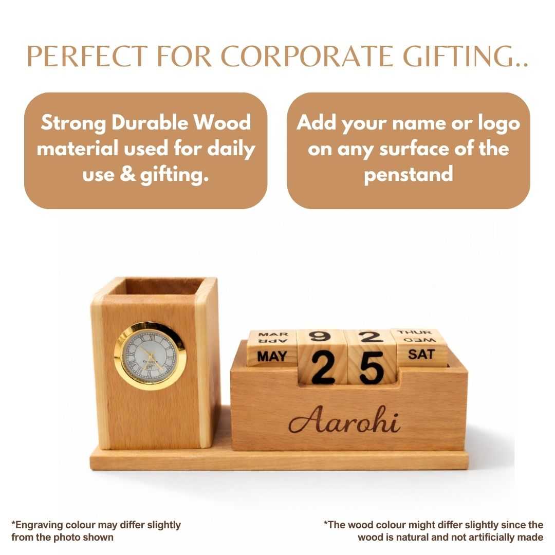 Personalized Wooden Pen Stand with Clock and Perpetual Calendar