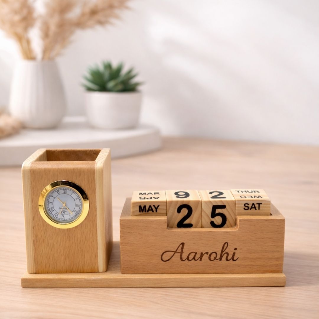 Personalized Wooden Pen Stand with Clock and Perpetual Calendar