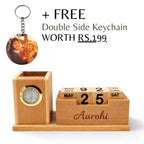 Personalized Wooden Pen Stand with Clock and Calendar