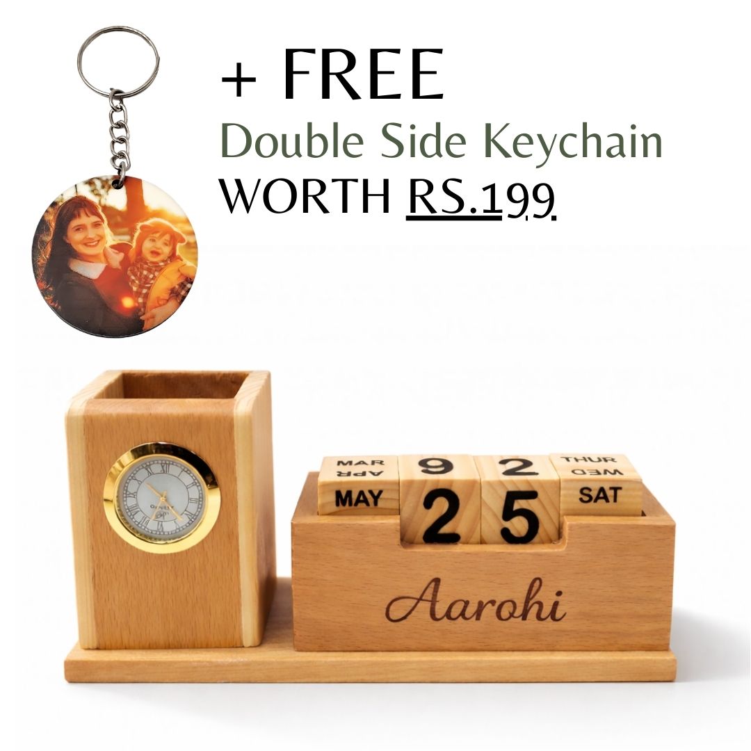 Personalized Wooden Pen Stand with Clock and Perpetual Calendar