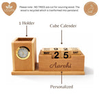 Personalized Wooden Pen Stand with Clock and Calendar