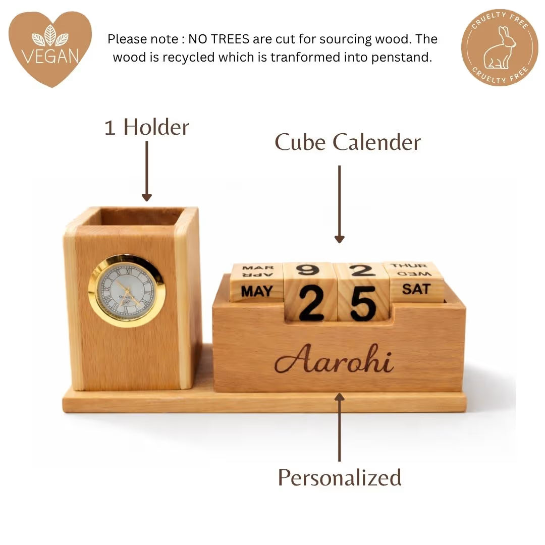 Personalized Wooden Pen Stand with Clock and Calendar