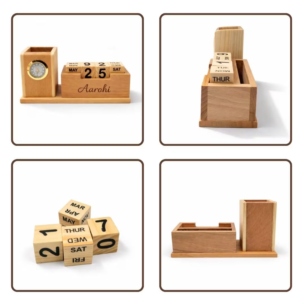 Personalized Wooden Pen Stand with Clock and Calendar