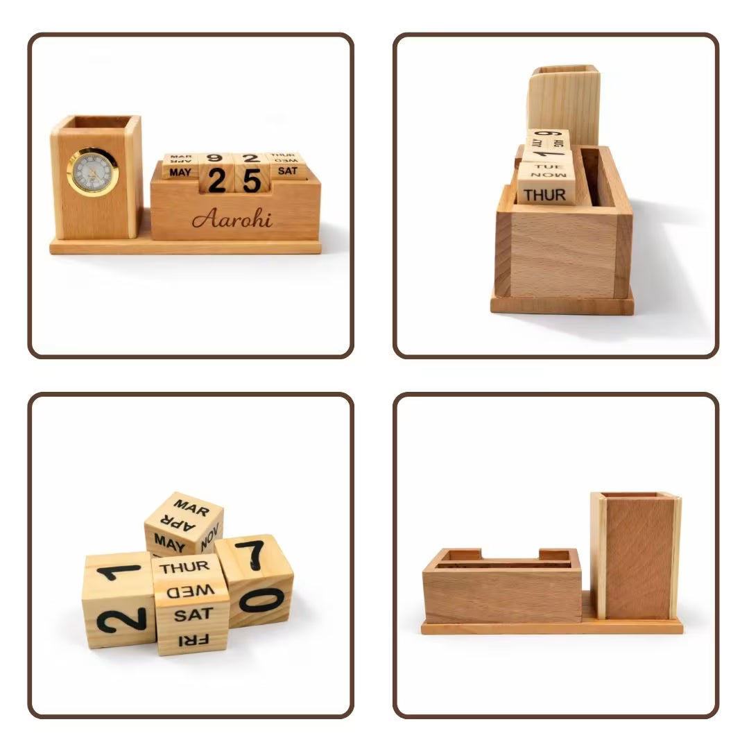 Personalized Wooden Pen Stand with Clock and Calendar
