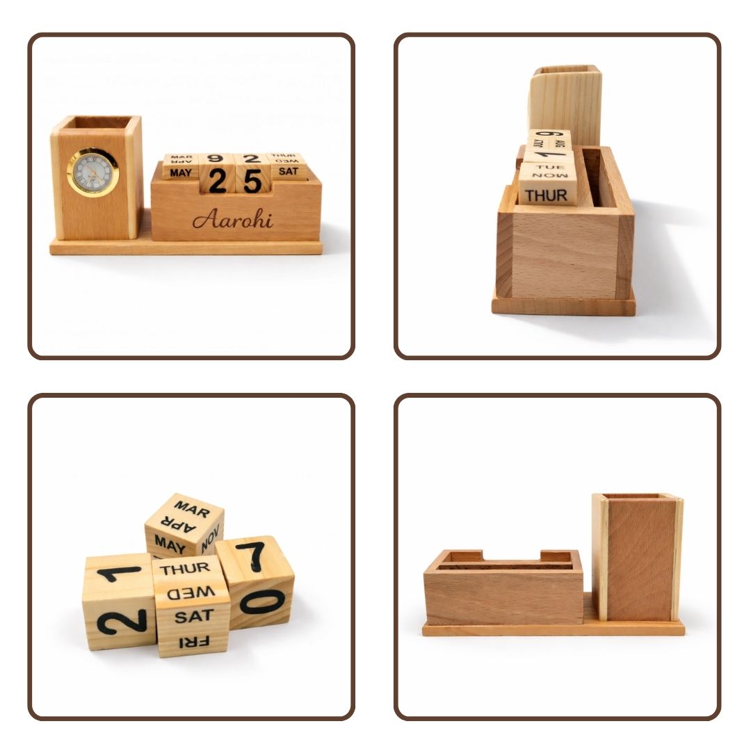Personalized Wooden Pen Stand with Clock and Perpetual Calendar