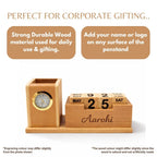 Personalized Wooden Pen Stand with Clock and Calendar