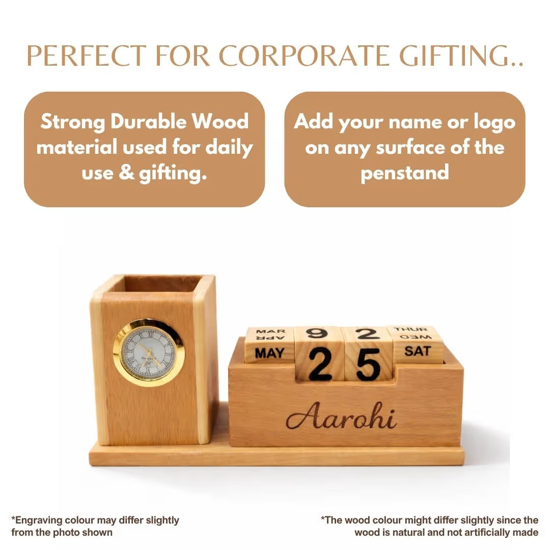Personalized Wooden Pen Stand with Clock and Calendar