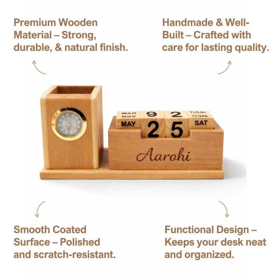 Personalized Wooden Pen Stand with Clock and Calendar