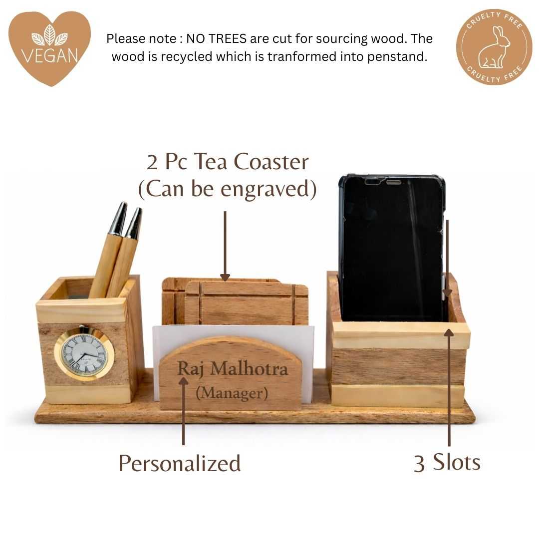 Personalized Wooden Pen Stand with Clock, Card Holder & 2 Coasters
