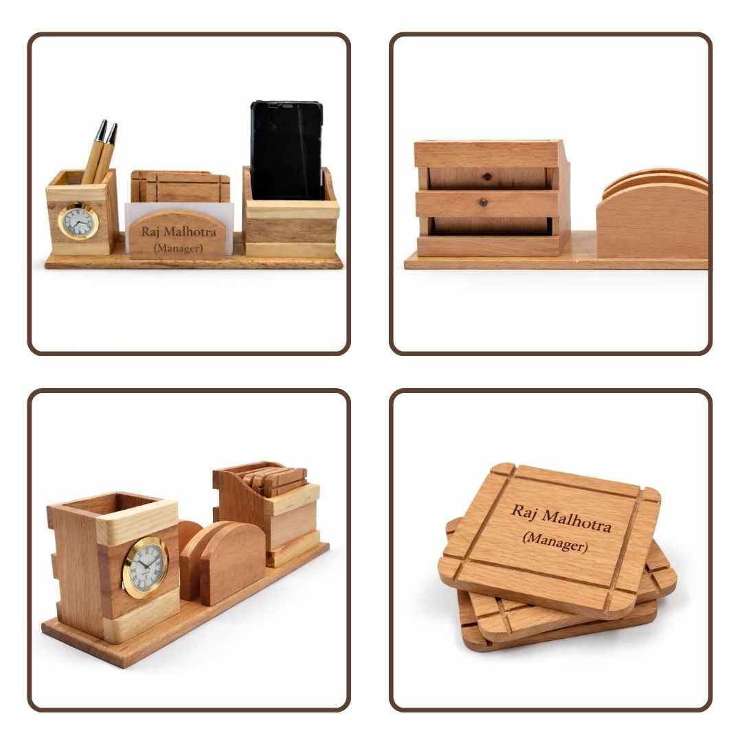 Personalized Wooden Pen Stand with Clock, Card Holder & 2 Coasters