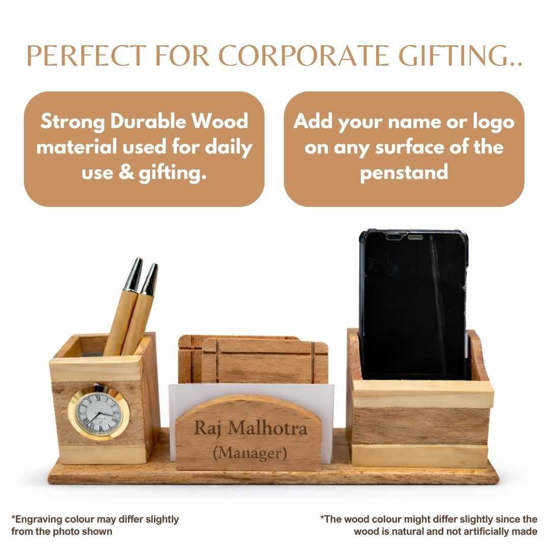 Personalized Wooden Pen Stand with Clock, Card Holder & 2 Coasters