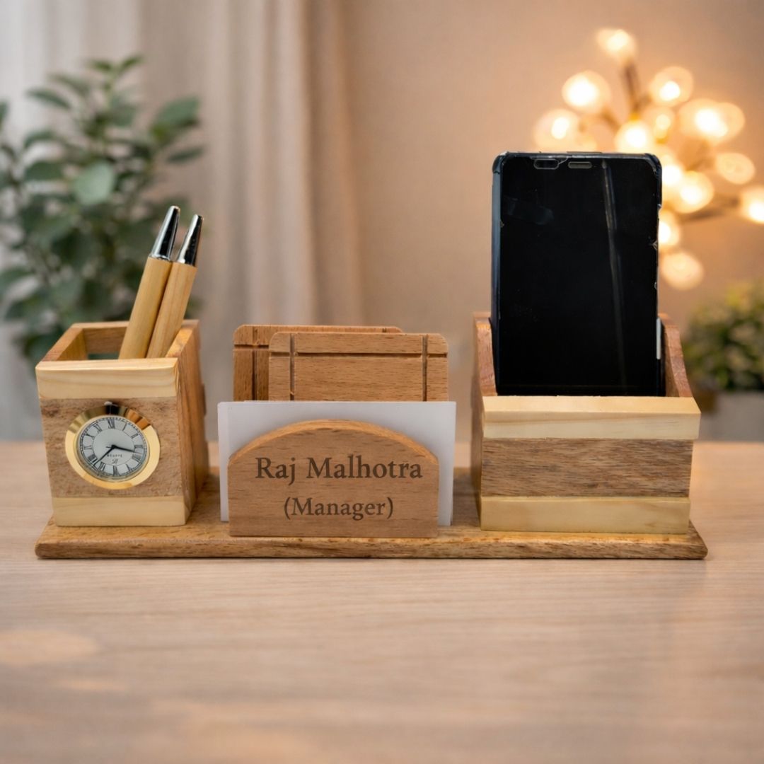 Personalized Wooden Pen Stand with Clock, Card Holder & 2 Coasters