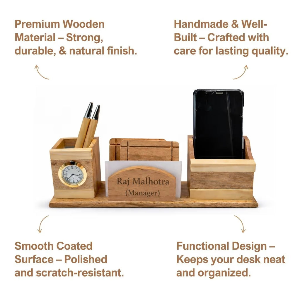 Personalized Wooden Pen Stand with Clock, Card Holder & 2 Coasters