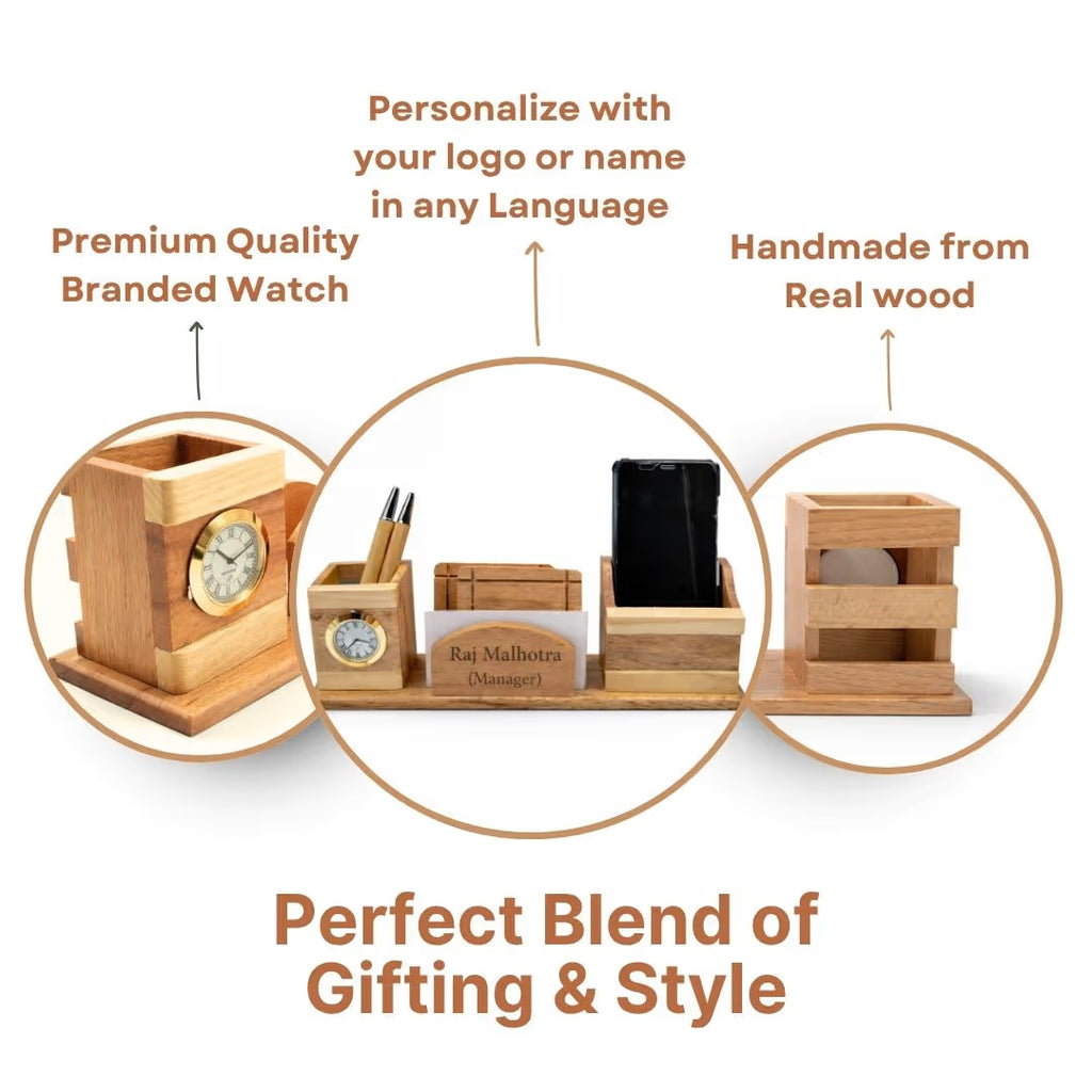 Personalized Wooden Pen Stand with Clock, Card Holder & 2 Coasters