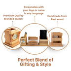 Personalized Wooden Pen Stand with Clock, Card Holder & 2 Coasters