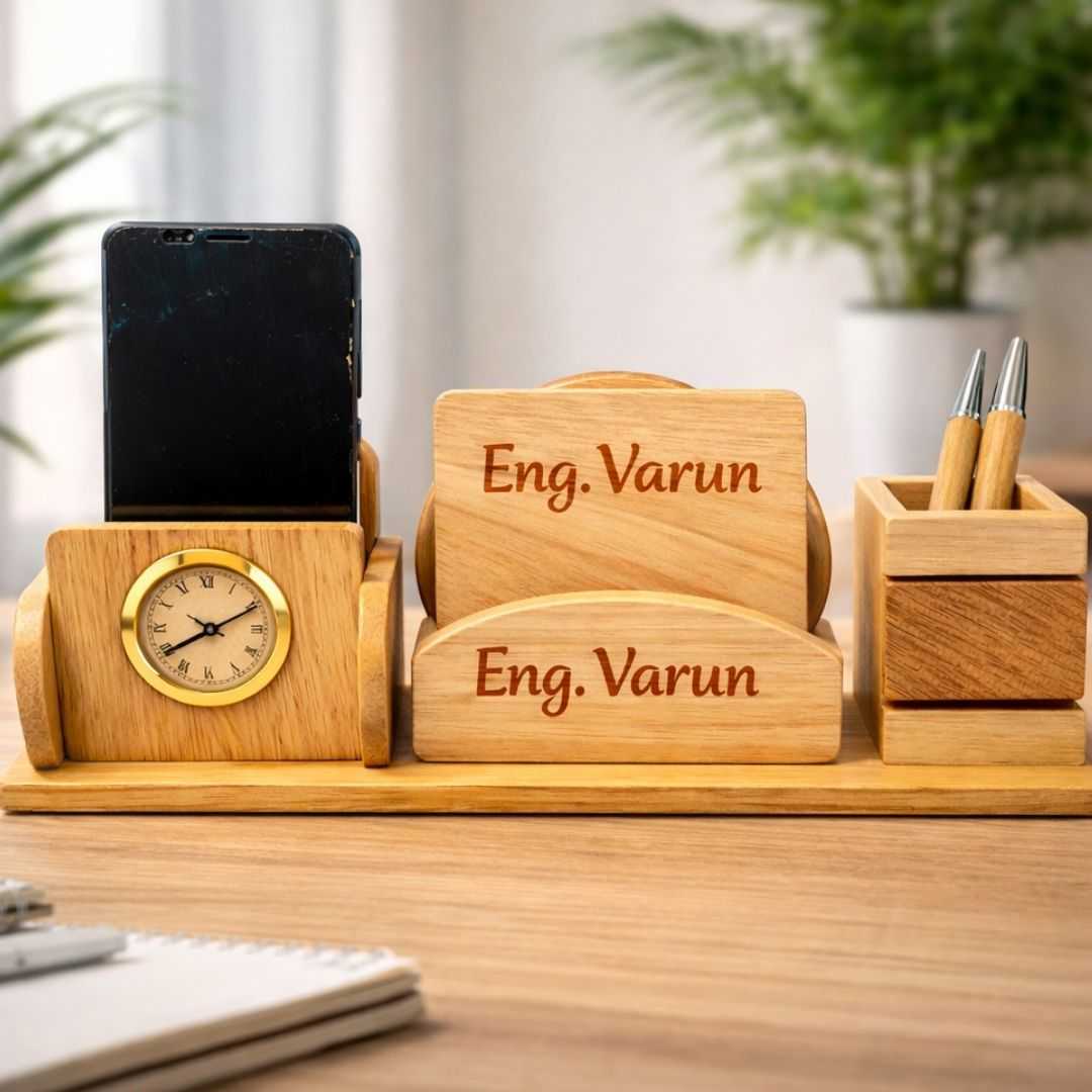 Personalized Wooden Pen Stand with 2 Compartments & 2 Coasters