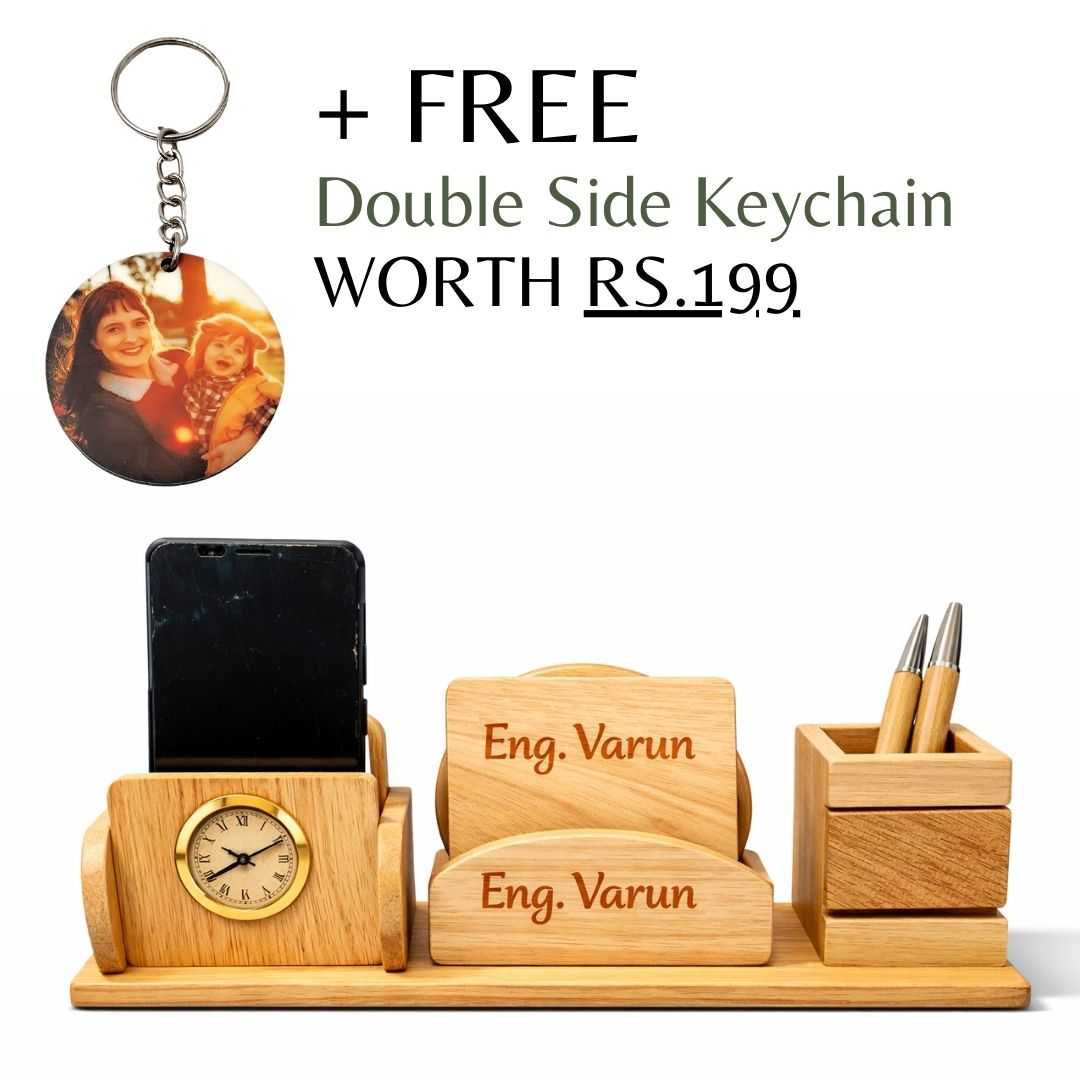 Personalized Wooden Pen Stand with 2 Compartments & 2 Coasters