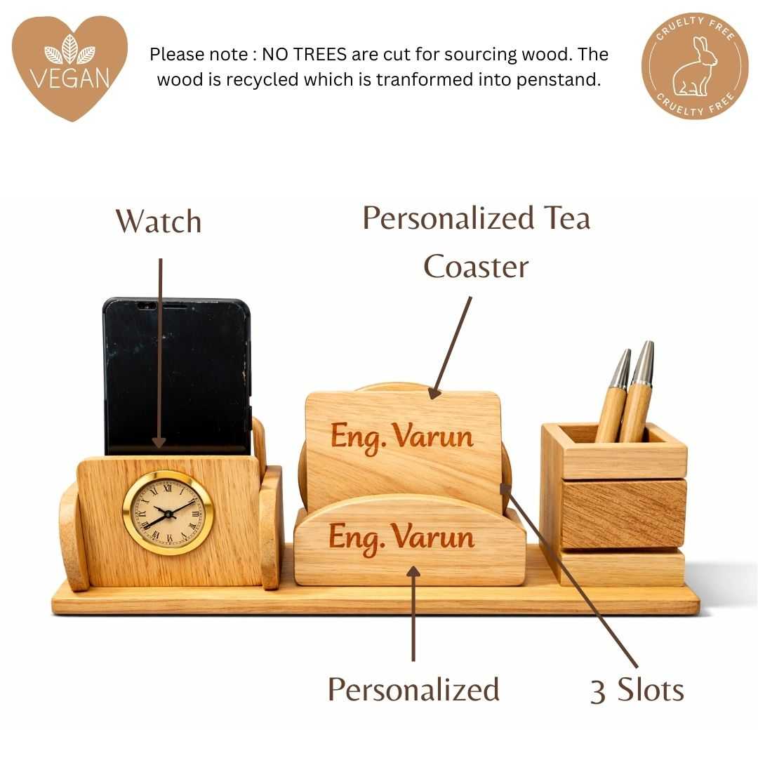 Personalized Wooden Pen Stand with 2 Compartments & 2 Coasters